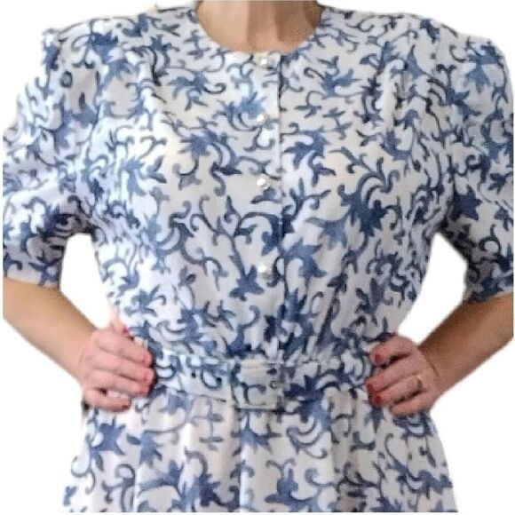 VTG 80s White Blue Floral Belted Midi Dress Size 20P *fits like XL Petite - Picture 5 of 16
